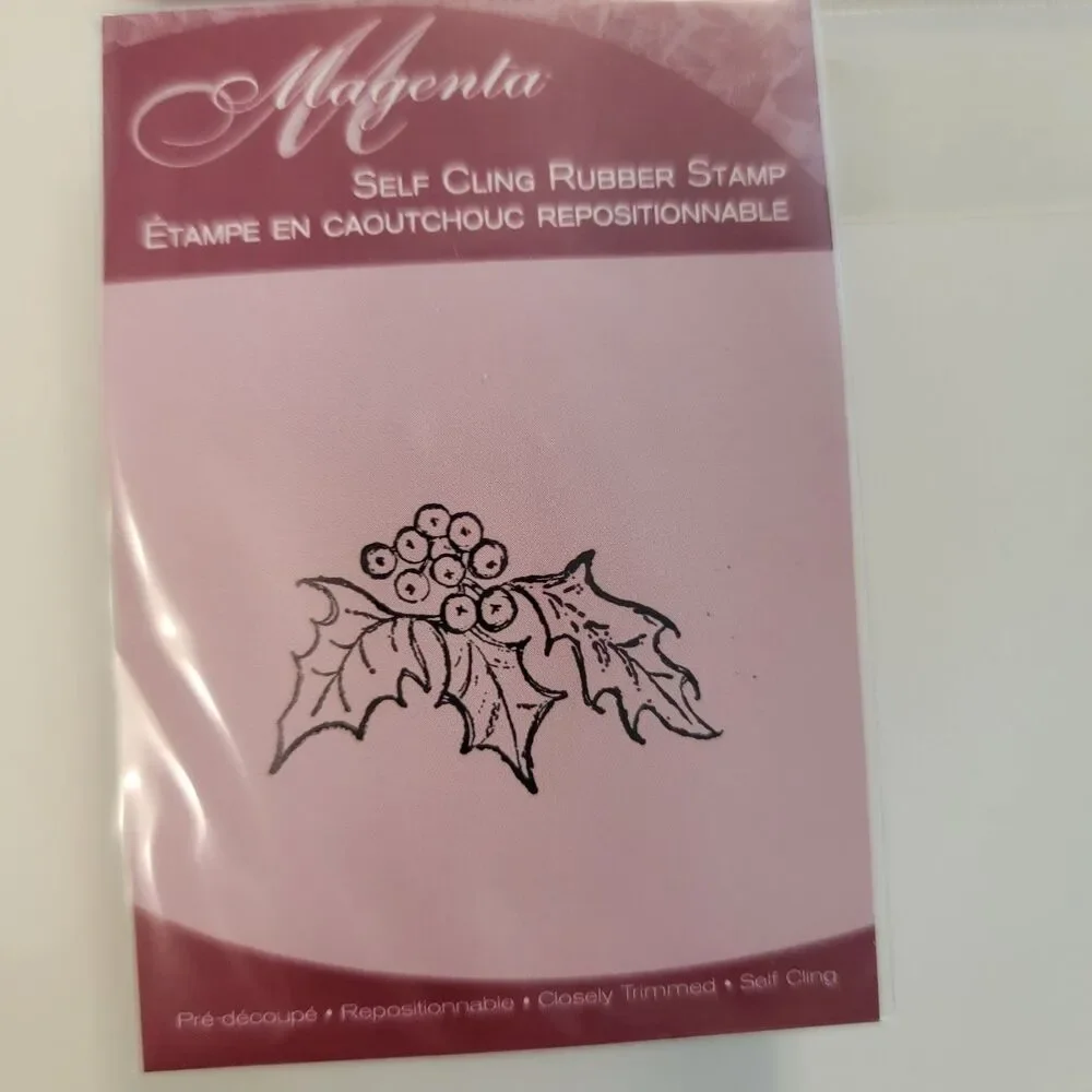 Magenta Self Cling Rubber Stamp Holiday Holly Berries & Leaves Lot of 2